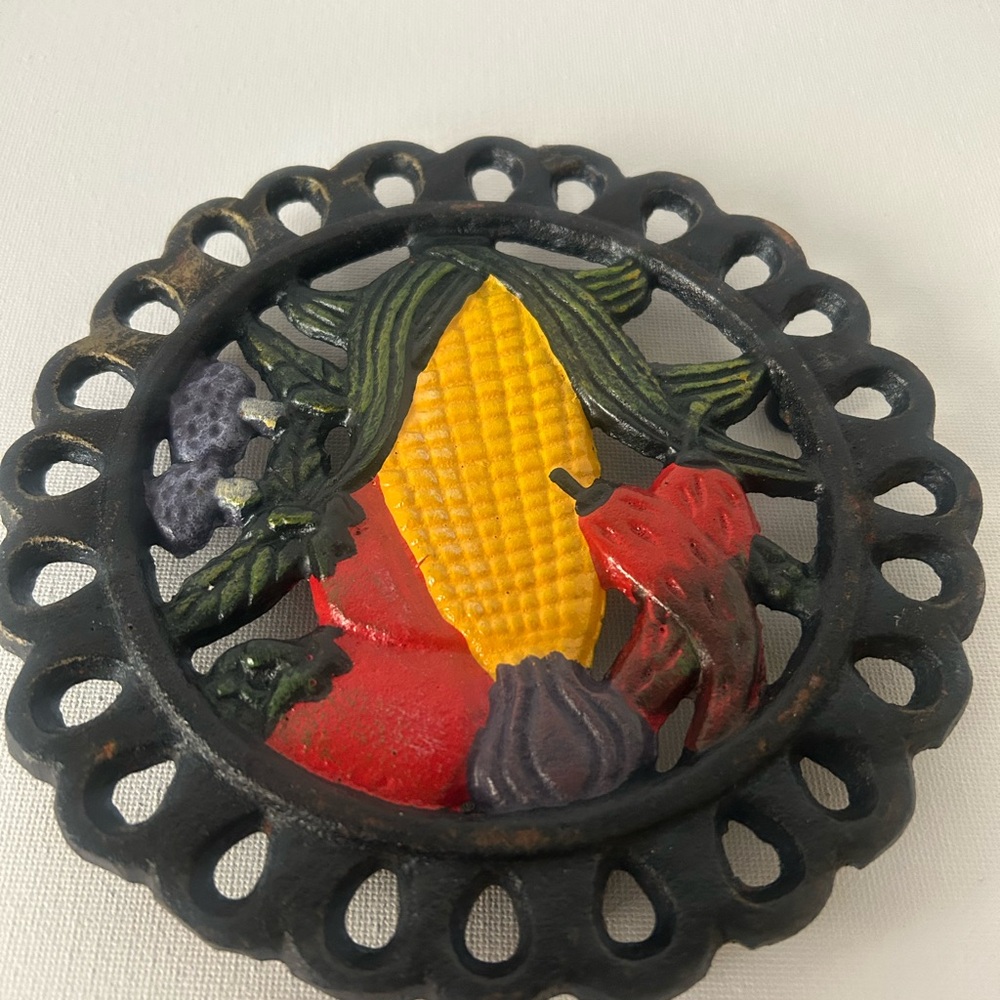 Vintage Cast Iron Enamel Trivet with Vegetables - Picture 2 of 7